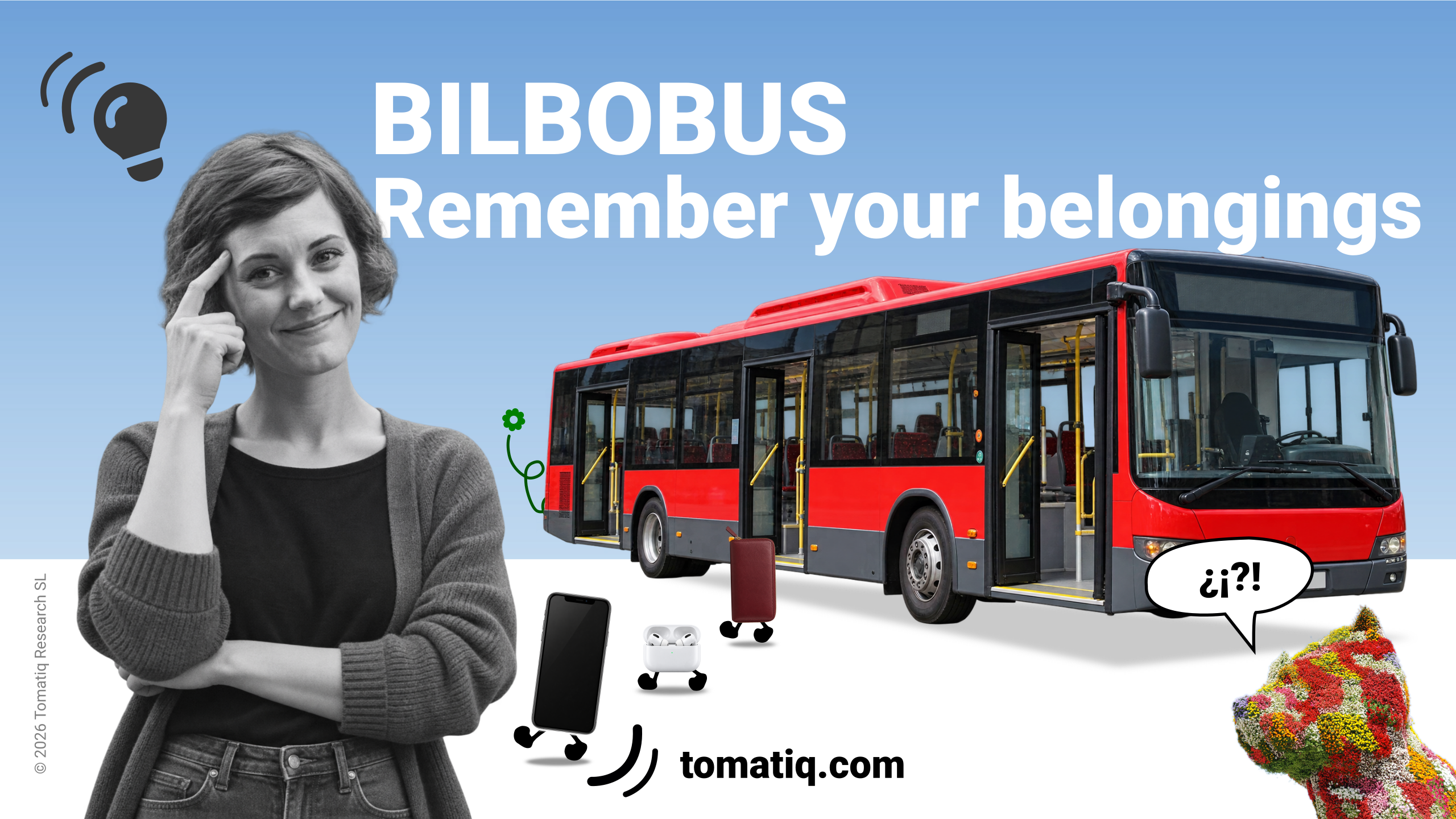 A happy passenger beside a Bilbobus bus, with everyday belongings illustrated exiting the bus.