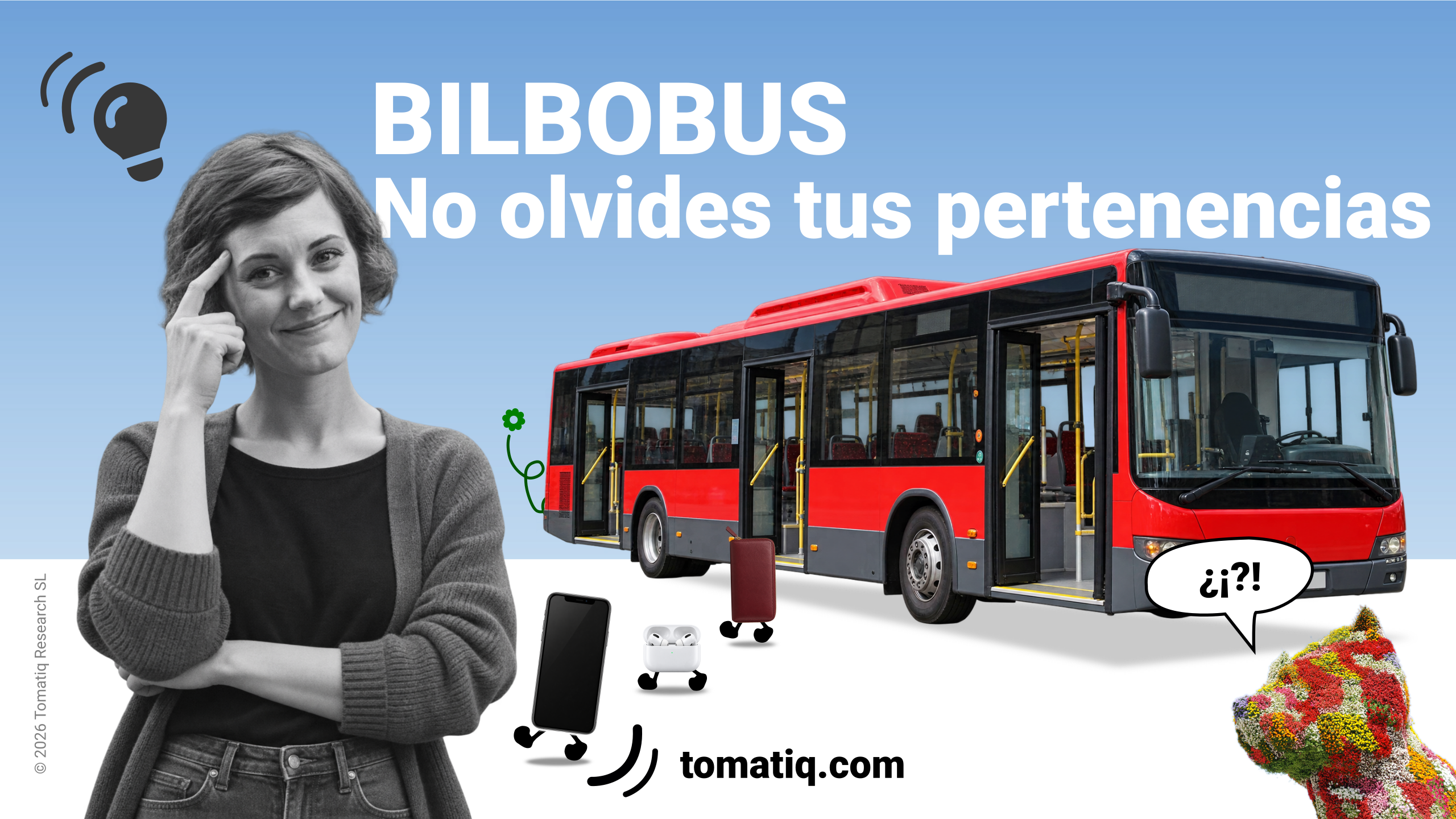 Una pasajera contenta junto a un autobús de Bilbobus, con varios objetos personales ilustrados que salen del autobús.
