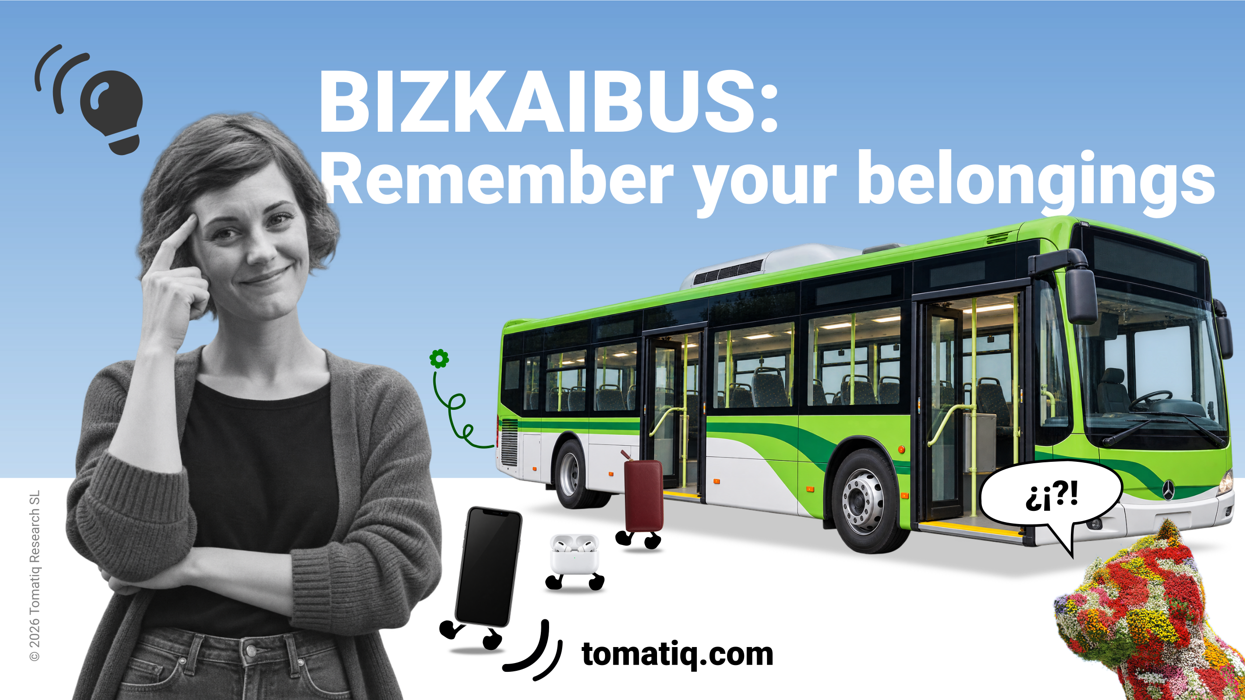 A happy passenger beside a Bizkaibus bus, with everyday belongings illustrated exiting the bus.