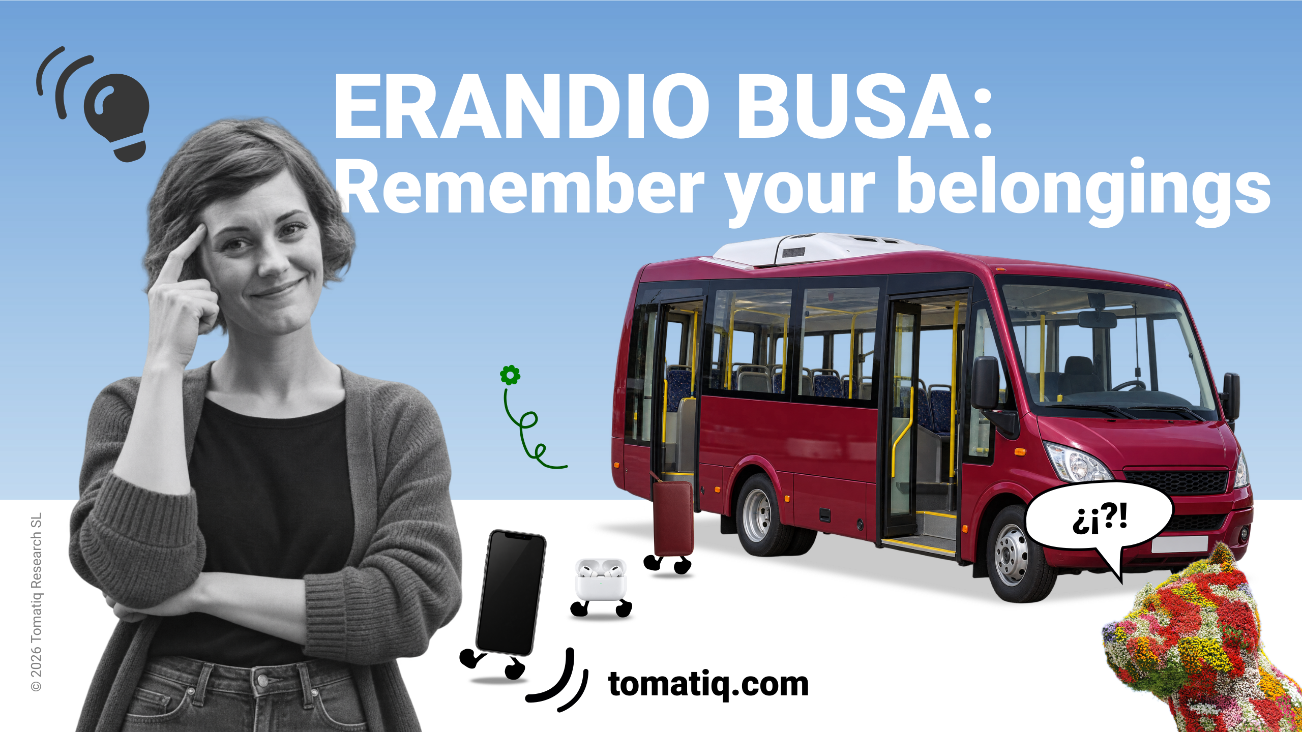 A happy passenger beside a Erandio Busa bus, with everyday belongings illustrated exiting the bus.