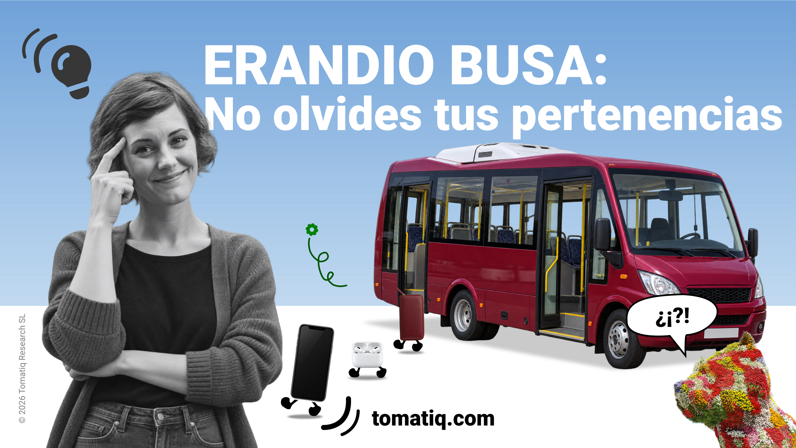 Una pasajera contenta junto a un autobús de Erandio Busa, con varios objetos personales ilustrados que salen del autobús.