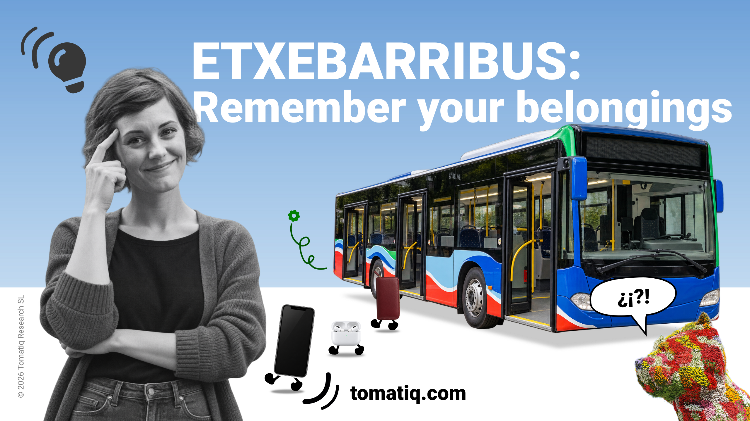 A happy passenger beside a Etxebarribus bus, with everyday belongings illustrated exiting the bus.