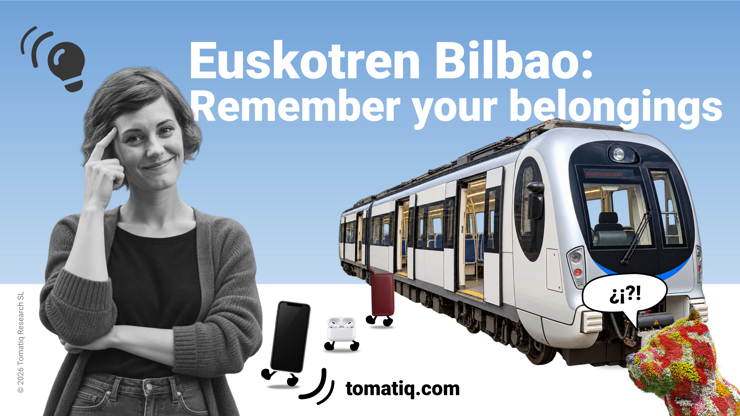 A happy passenger beside a Euskotren Bilbao bus, with everyday belongings illustrated exiting the bus.