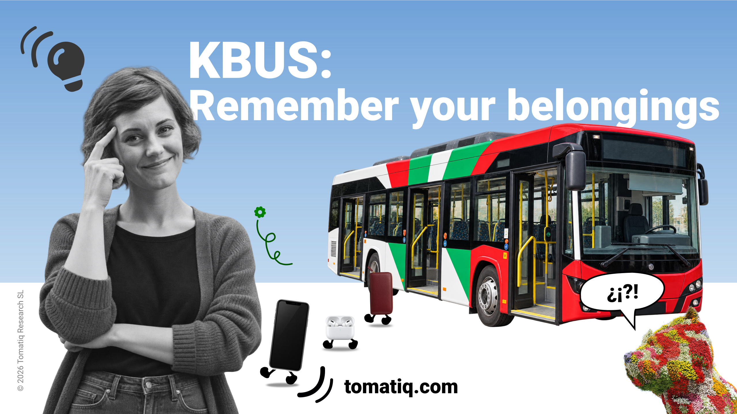 A happy passenger beside a KBus bus, with everyday belongings illustrated exiting the bus.
