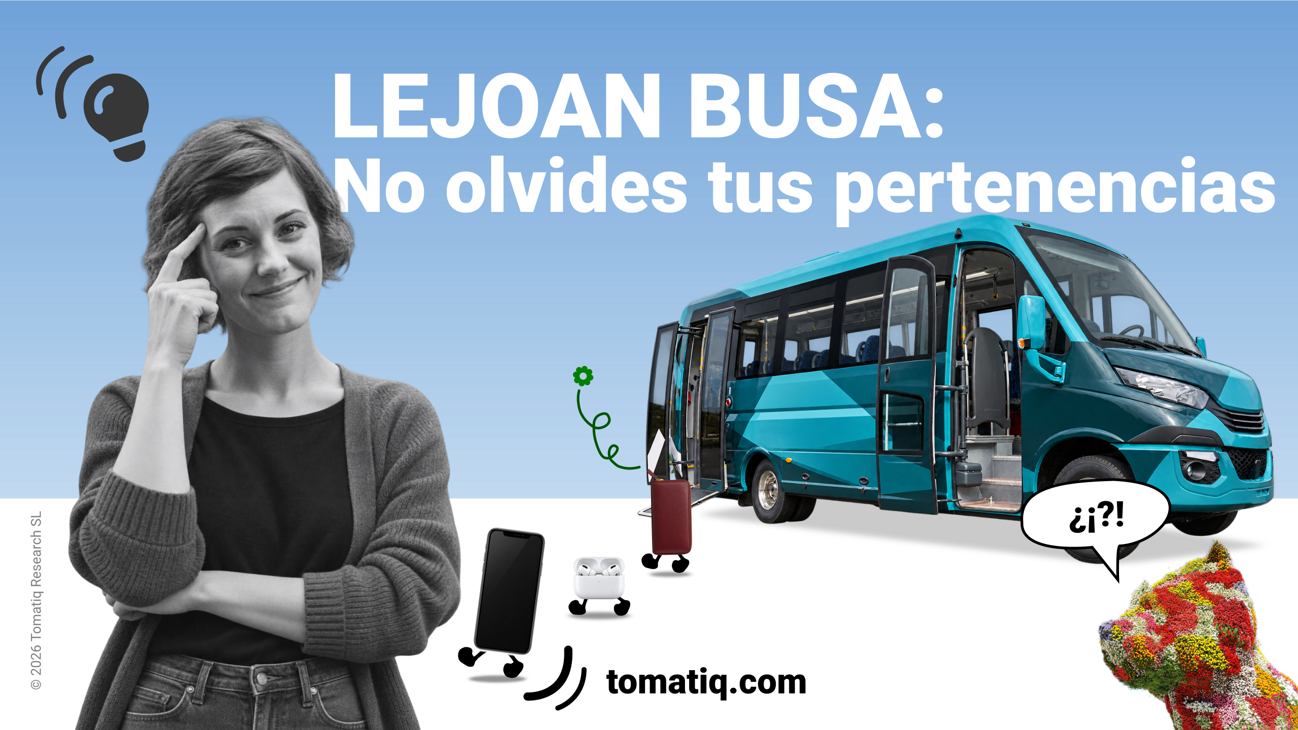 Una pasajera contenta junto a un autobús de Lejoan Busa, con varios objetos personales ilustrados que salen del autobús.