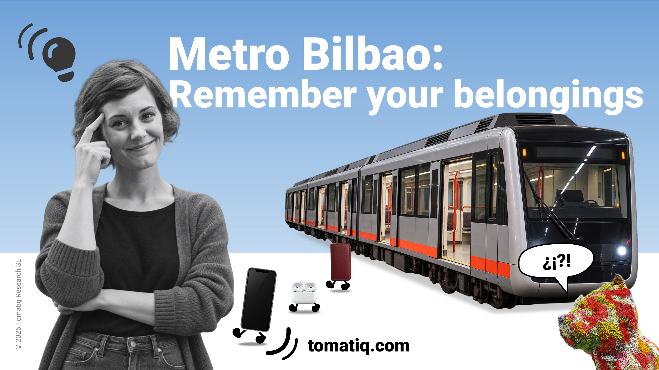 A happy passenger beside a Metro Bilbao bus, with everyday belongings illustrated exiting the bus.