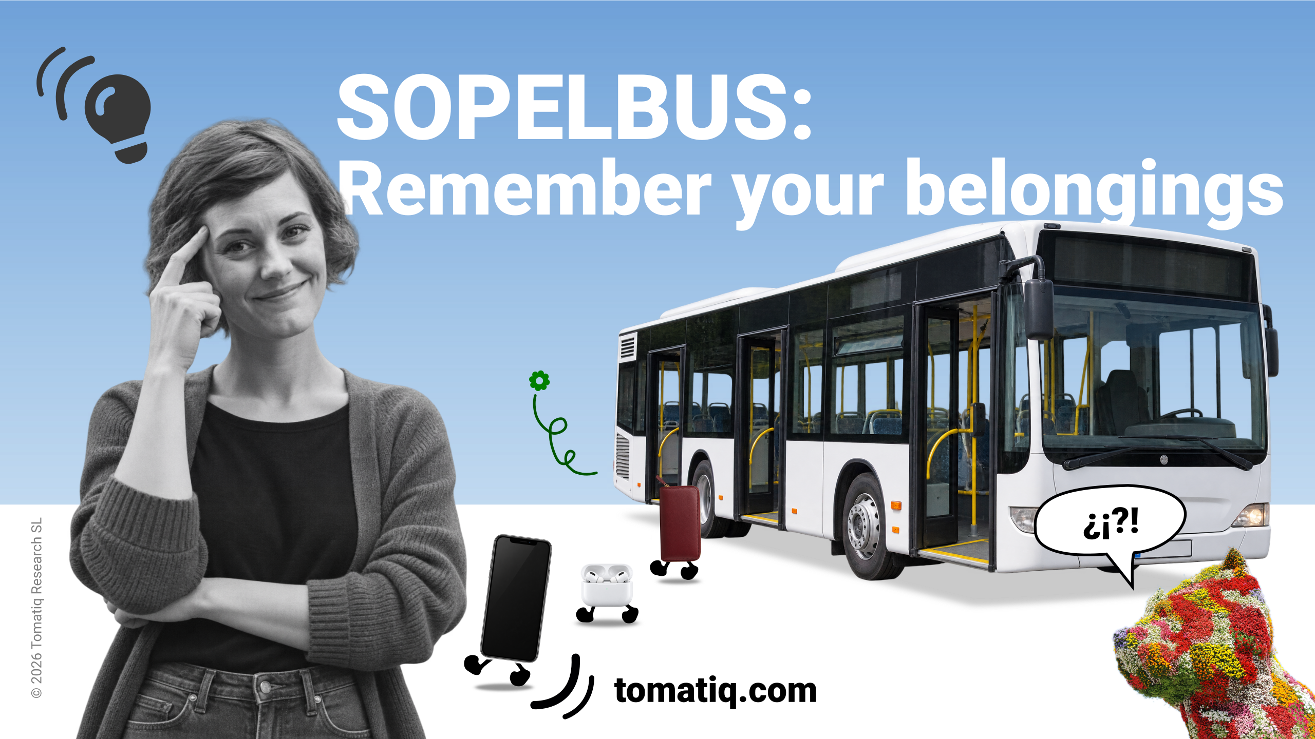 A happy passenger beside a Sopelbus bus, with everyday belongings illustrated exiting the bus.
