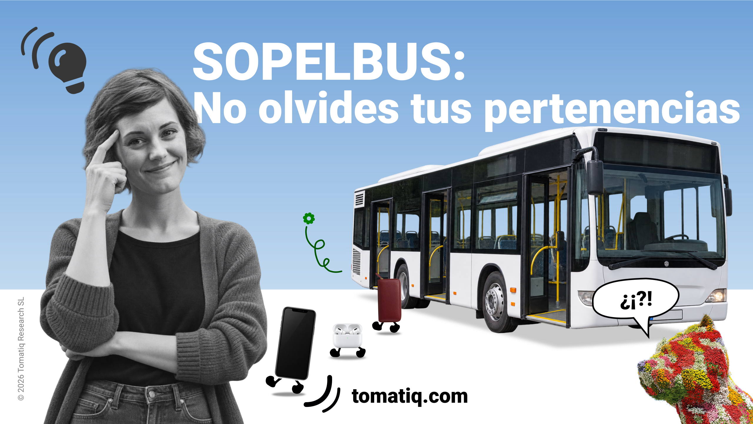 Una pasajera contenta junto a un autobús de Sopelbus, con varios objetos personales ilustrados que salen del autobús.