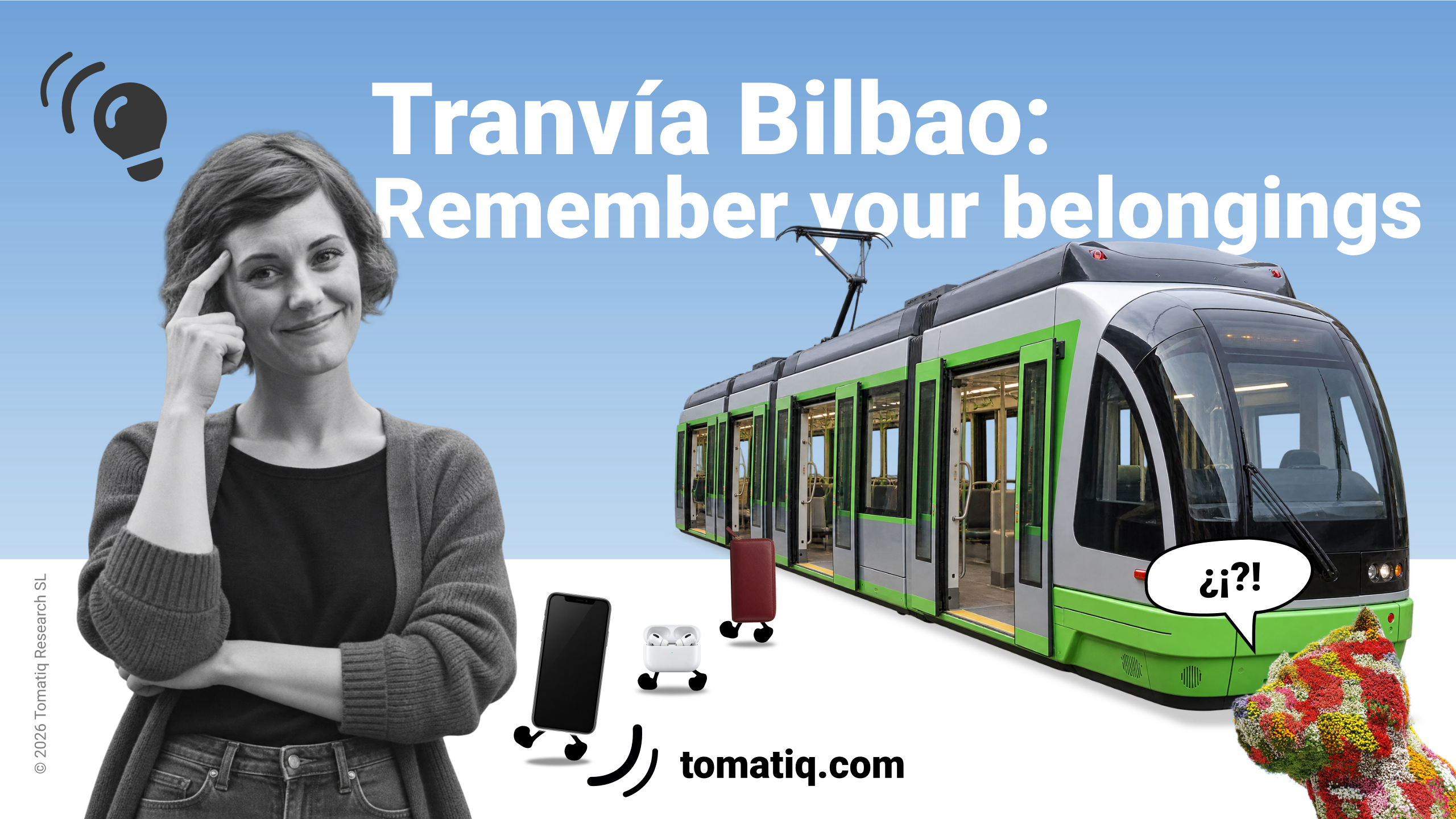 A happy passenger beside a Tranvía Bilbao bus, with everyday belongings illustrated exiting the bus.